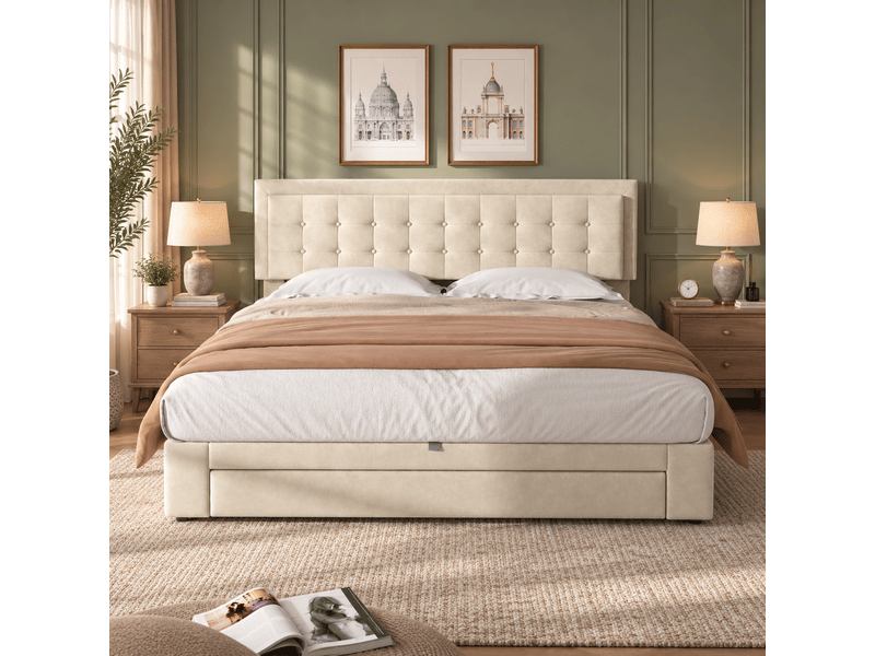  Lit avec caisson et tiroirs, tissu velours, lit rembourré, sommier à lattes, lit double, grand rangement, 160 x 200, beige Seren Glow - Conforama D