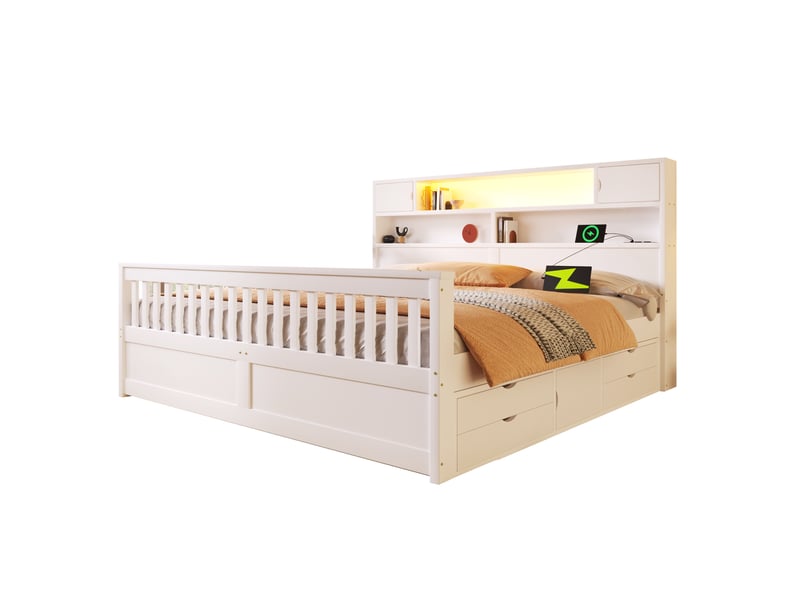 Lit plateforme 180 x 200 cm avec rangements, led, usb et 4 tiroirs blanc - Conforama A