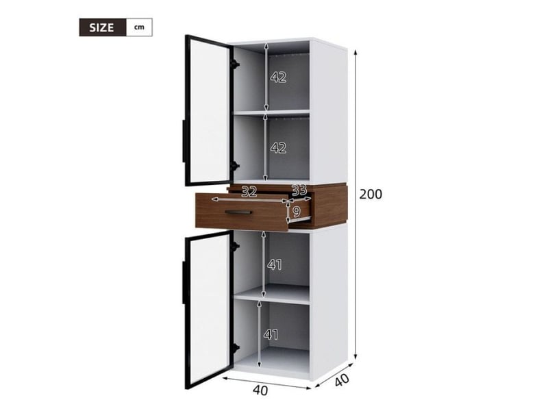 Vitrine robuste présentoir blanche 40x40x200 cm, deux portes verre trempé, tiroir et éclairage led performant - Conforama D