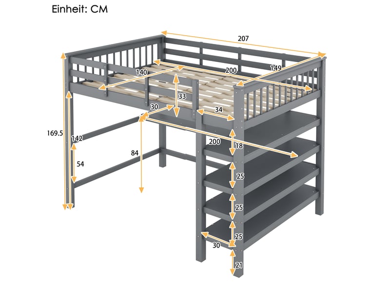  Lit mezzanine 140x200 cm, bibliothèque de rangement, bureau sous le lit, 200 kg, bois + mdf, gris  - Conforama C
