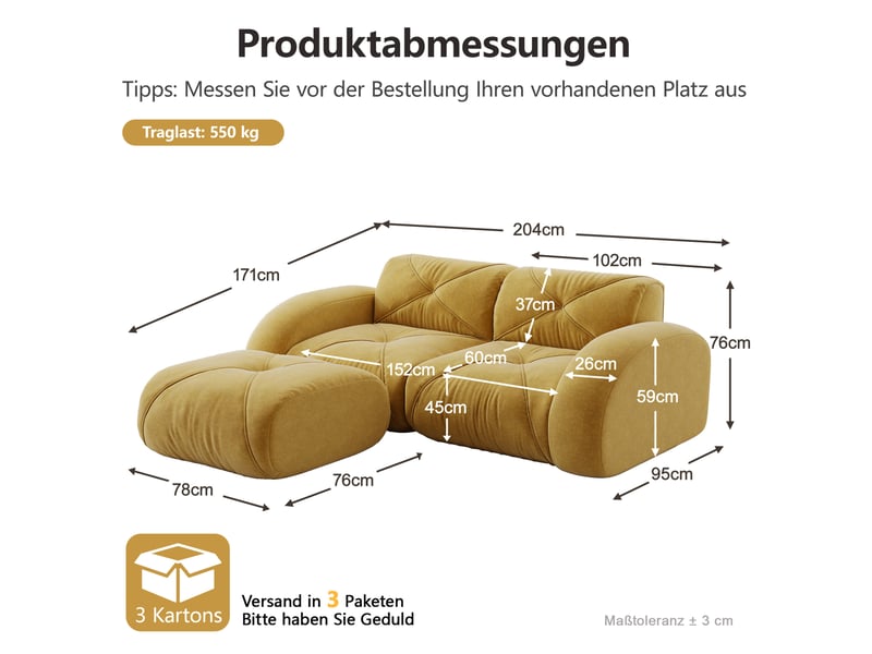  Canapé modulable 2 places 204x171x76 cm, design antiglisse, mousse haute densité 32d, avec pouf, revêtement en chenille, jaune  - Conforama C