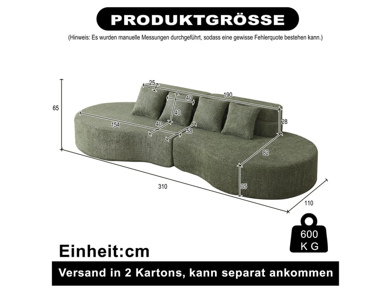 Canapé modulable 310 cm en mousse haute densité, 2 modules sans cadre, housse en chenille amovible et lavable, design minimaliste - vert - Conforama C
