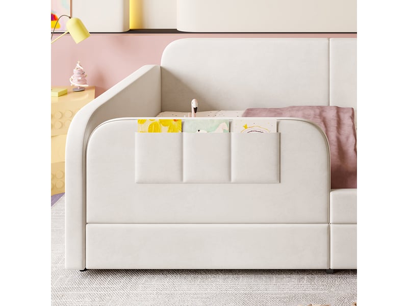  Lit enfant simple 90x200 cm en velours avec 2 tiroirs et 3 poches, sans matelas, blanc  - Conforama E