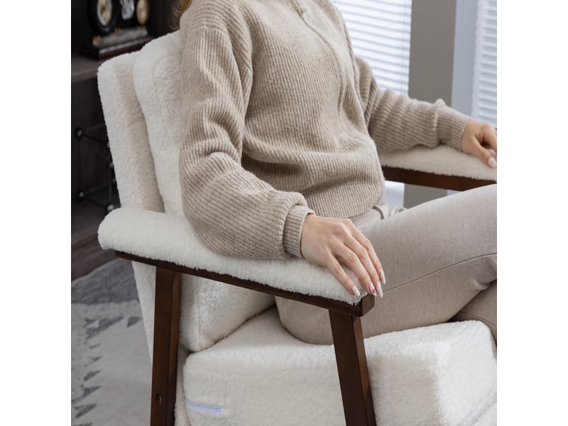  Fauteuil à bascule mid-century avec structure en bois, fauteuil de salon rembourré et coussin lombaire, 83x73x80 cm  - Conforama W