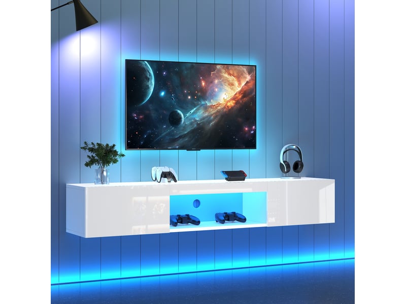  Meuble tv mural 160x31x22 cm avec led bluetooth en panneau de particules blanc  - Conforama B