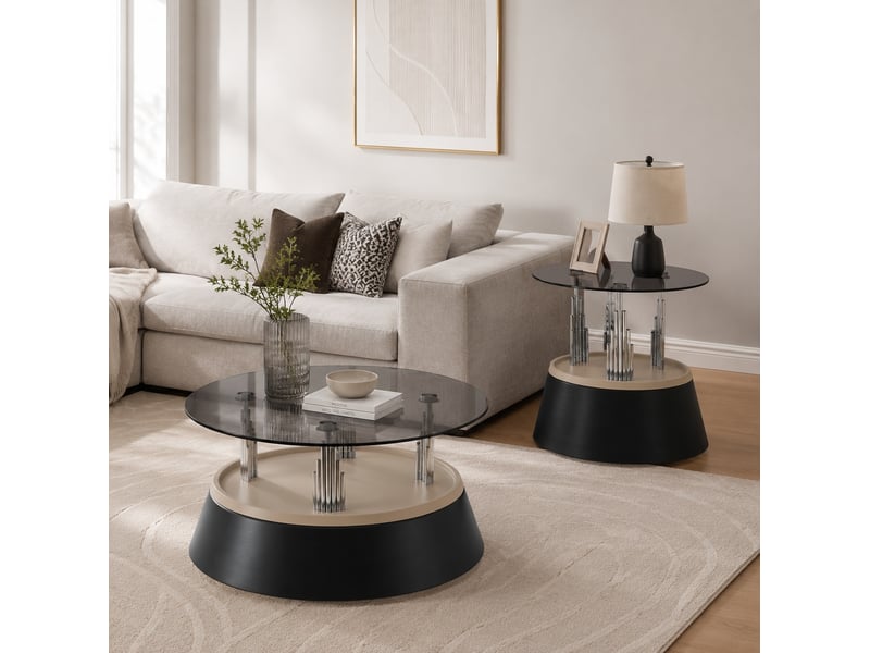  Set de 2 tables basses gigognes en verre trempé et métal, noir, 70 x 48 x 60 cm  - Conforama D