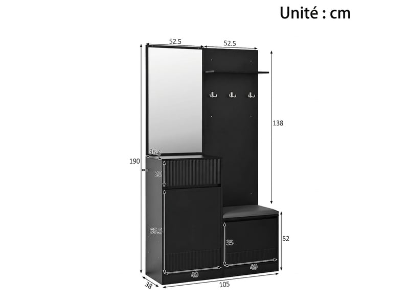 Ensemble meuble d'entrée noir avec banc à chaussures et miroir, vestiaire d'entrée moderne led 105 cm - Conforama E