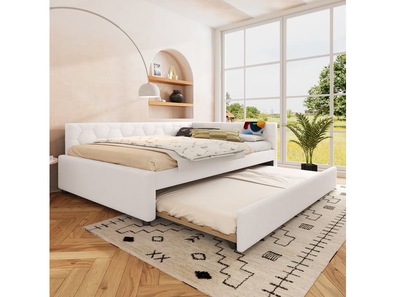  Lit gigogne 140x200 cm avec sommier, lampe, ports usb et type-c, blanc  - Conforama D