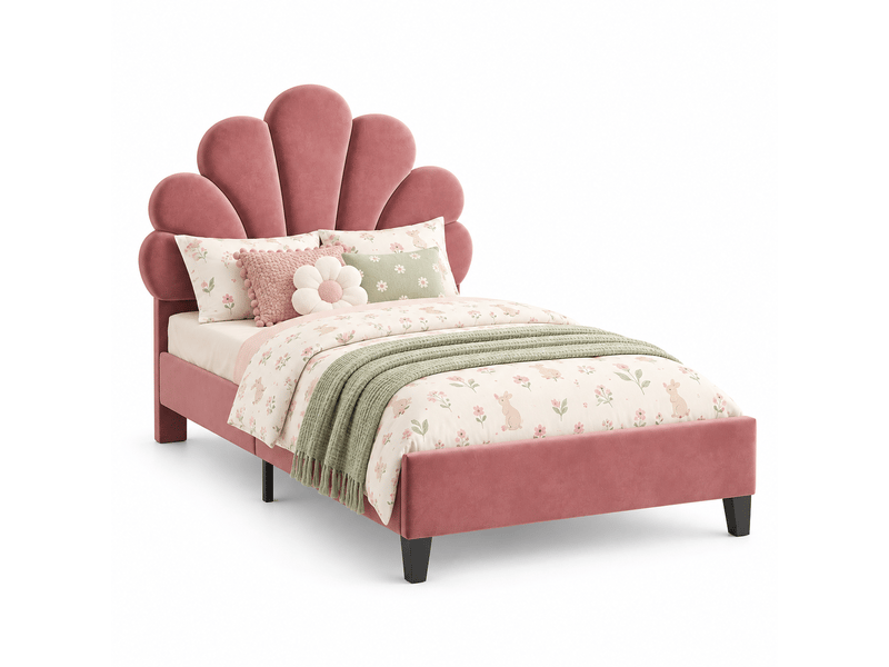  Lit simple enfant 90x200 avec sommier à lattes en bois - lit fille avec tête de lit réglable en forme de fleur - velours doux, rouge  - Conforama A