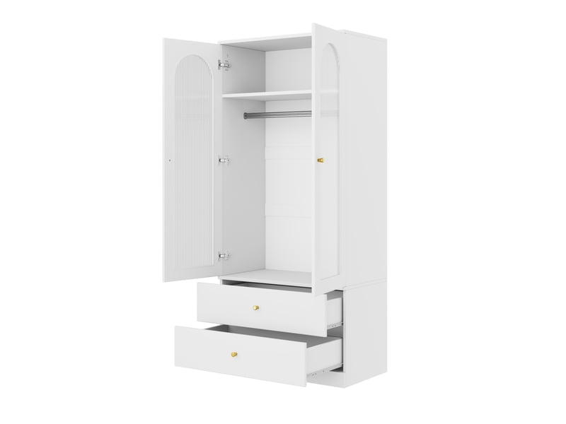 Armoire de chambre blanche 90x50x200 cm avec 2 tiroirs, 2 portes en verre cannelé et 1 penderie - Conforama W