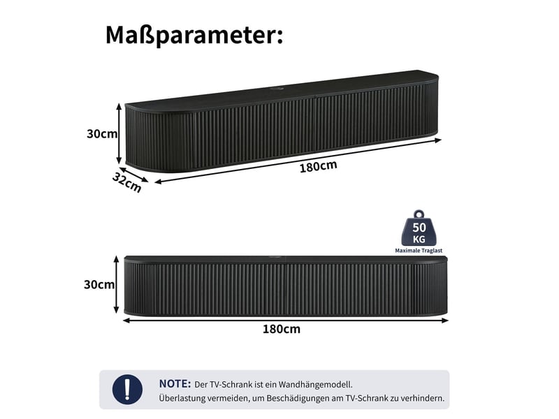 Meuble tv mural 180 cm avec grand rangement et passe-câbles, convient pour téléviseurs 50 à 80 pouces, design moderne  - Conforama C