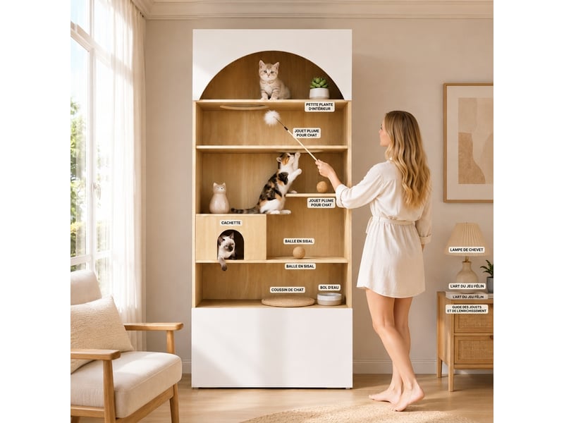  Armoire penderie avec espace chat 270x50x200 cm, meuble vestiaire multifonction blanc et bois  - Conforama B