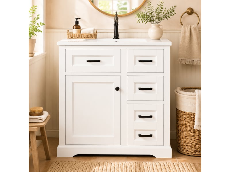 Meuble vasque blanc 76 cm avec lavabo céramique intégré Soft-Close - Conforama B