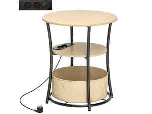 Table basse ronde à 3 niveaux avec prise et ports usb, tablette et sac en tissu, pour salon, bois naturel, ø 50 × 55,1 cm