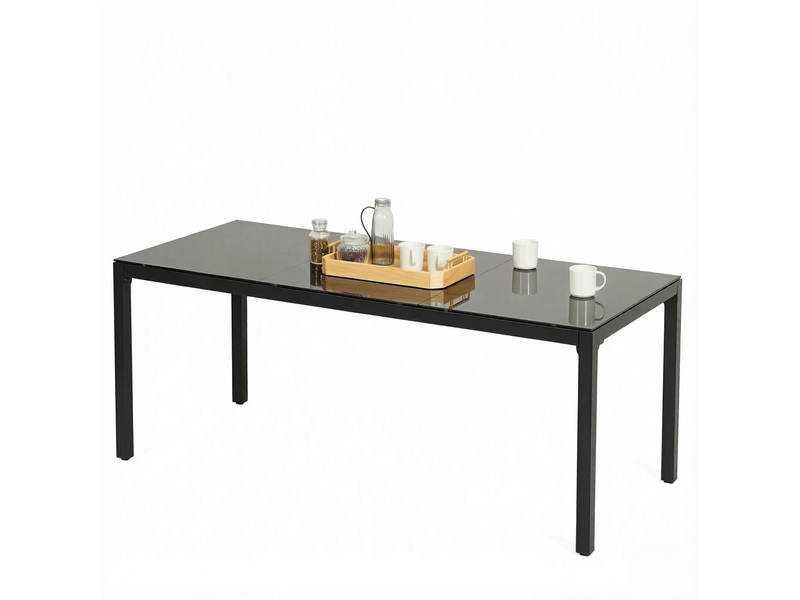  Table à manger extérieure 8 personnes avec plateau en verre trempé et pieds réglables, en aluminium noir 180 × 80 × 72 cm  - Conforama A