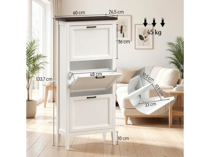  Meuble à chaussures modèle slim, 18 paires, 3 compartiments basculants, étagères réglables, entrée  - Conforama C