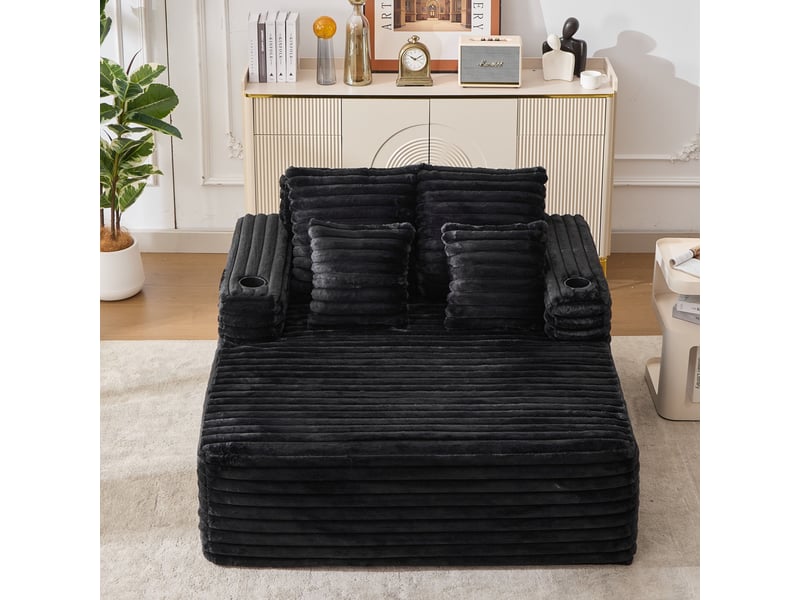 Fauteuil 2 places - 135x128x86 cm - lit convertible chaiselongue surdimensionnée avec porte-gobelets et velours - noir - Conforama D