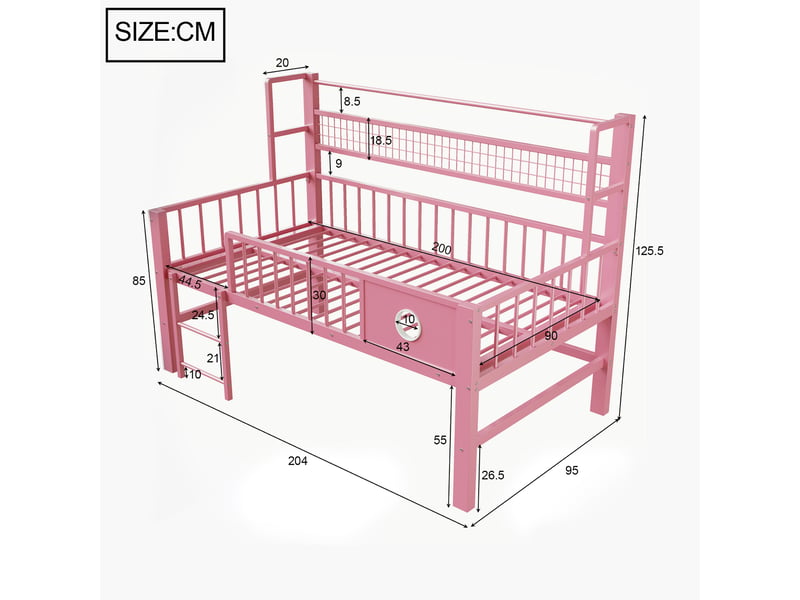  Lit mezzanine 90x200 cm avec sommier à lattes, cadre de lit adulte en métal, lit 1 personne, lit adulte, rose, lit simple  - Conforama B