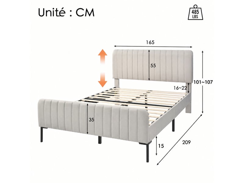  Lit double rembourré 160 x 200 cm, sommier inclus, tête réglable, lin gris beige  - Conforama C