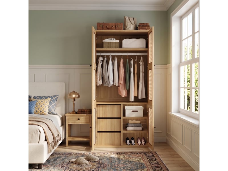  Armoire rotin 90x47x200cm, 1 tringle, 3 tiroirs, 4 compartiments – moderne pour chambre/salon/couloir  - Conforama D