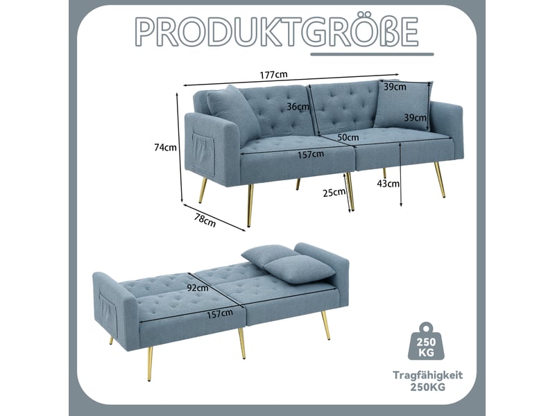  Canapé convertible 2 places 177x78x74 cm bleu, tissu bouclette, dossier réglable 3 positions moderne  - Conforama C