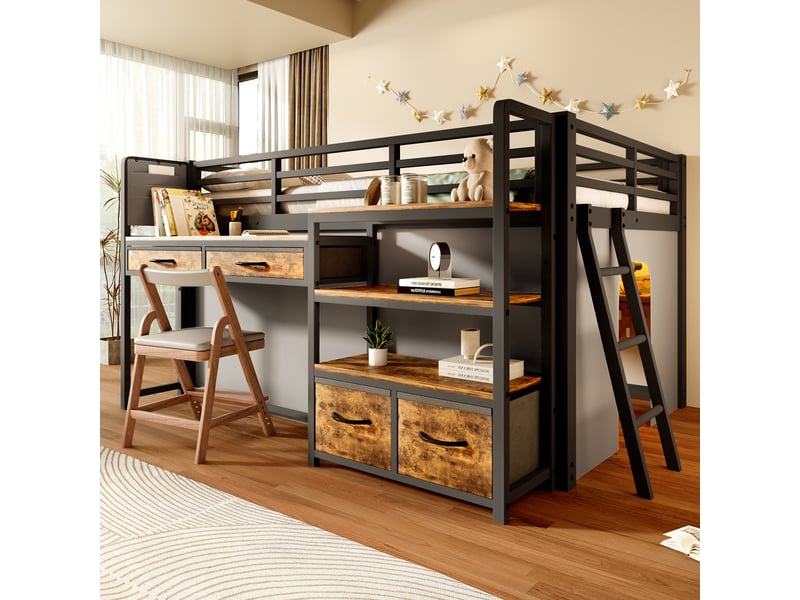 Lit mezzanine 140 x 200 cm avec bureau, rangement et tiroirs en tissu, lit enfant en métal avec rideau, étagère multi-niveaux et lumière led, noir - Conforama B