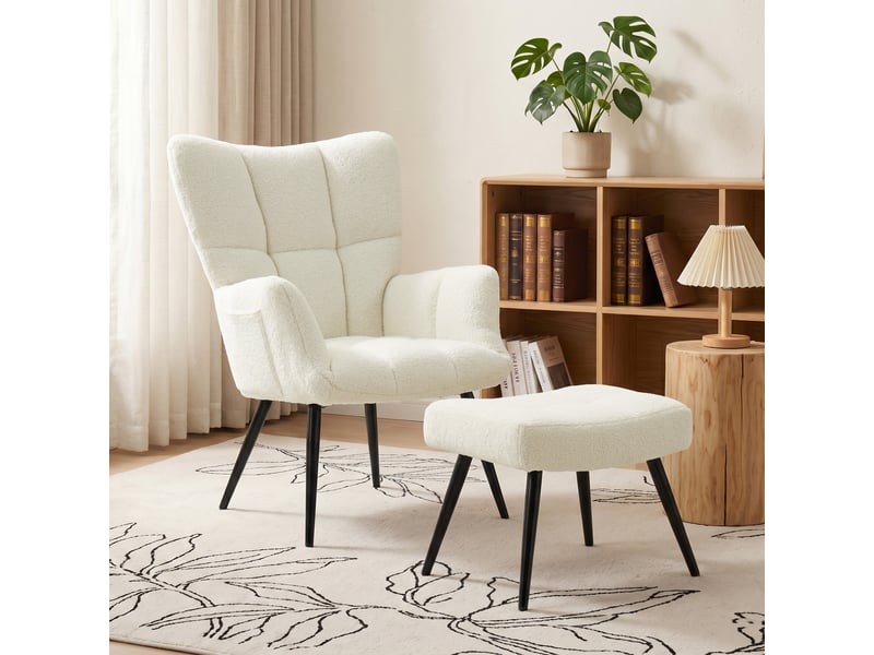  Fauteuil de salon avec repose-pied, fauteuil d'appoint capitonné en peluche teddy, dossier haut, poches latérales, beige  - Conforama C