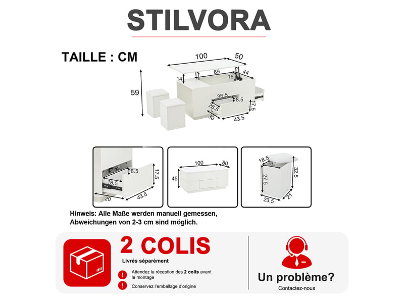  Table basse relevable avec 2 tiroirs, éclairage led et 2 tabourets de rangement, en panneau de particules blanc  - Conforama D