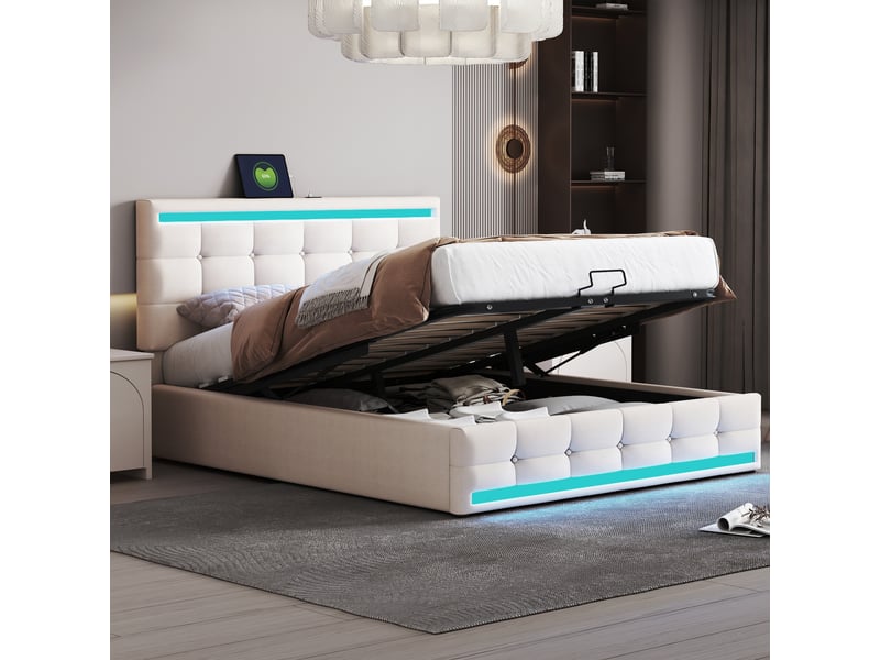  Lit capitonné 140x200 cm en lin beige avec led, usb, coffre et tête réglable, et sommier  - Conforama D