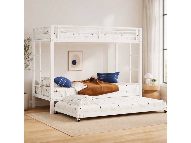  Lit superposé enfant 3 places 90×200 cm et 90×190 cm, avec gigogne et barrières - okmyhome- sans matelas, métal blanc  - Conforama B