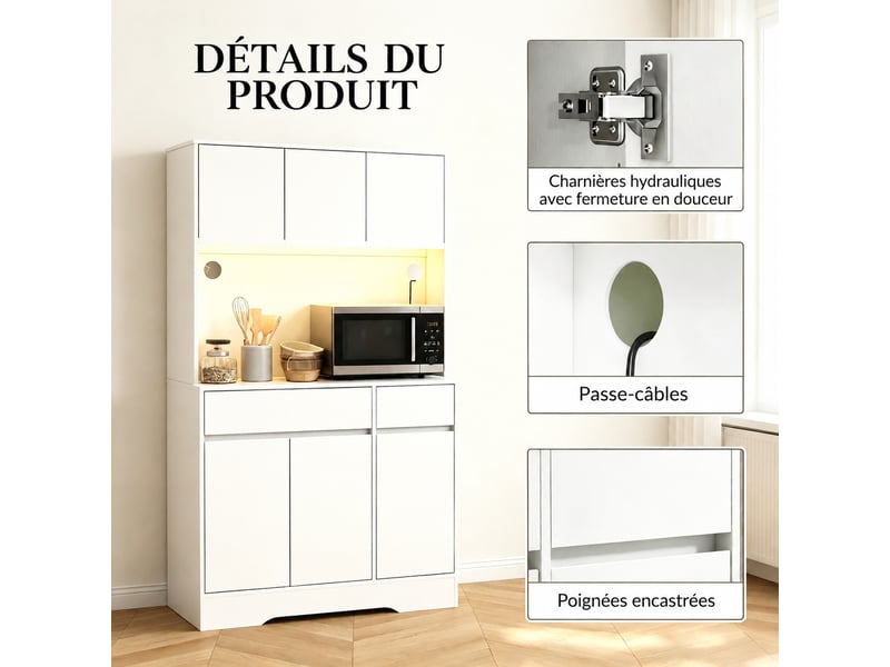 Meuble de cuisine muvano, buffet haut de cuisine blanc avec éclairage rgb, 6 portes et 2 tiroirs, 100 x 38 x 180 cm - Conforama D