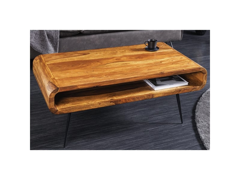  Table basse retrova 90 cm en bois de sheesham verni avec pieds métal noir et niche ouverte  - Conforama E