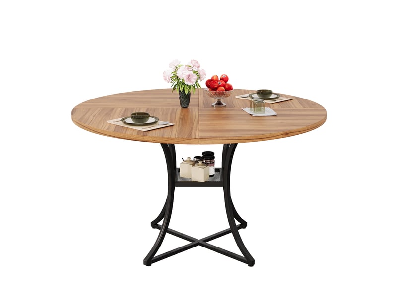  Table ronde design 100 cm pour cuisine et salon, table à manger 4-6 places avec étagère de rangement, effet noyer et pied métal noir en x  - Conforama A