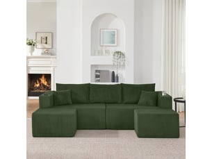 Canapé d’angle modulable 3 places vert en velours côtelé, l avec poufs mobiles et coussins