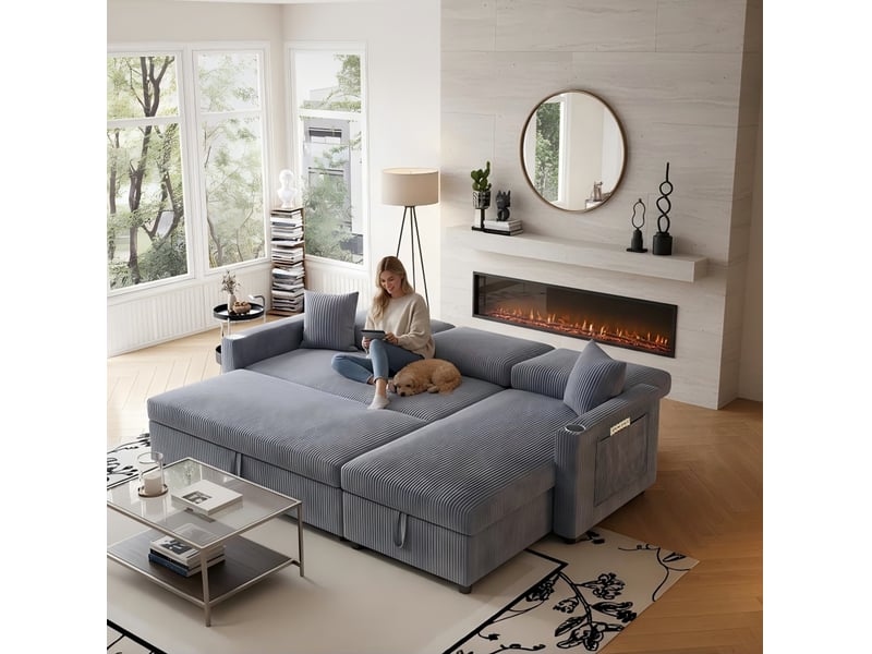 Canapé d'angle convertible 3 places en velours côtelé gris avec rangement, ports usb, type-c et porte-gobelets  - Conforama E