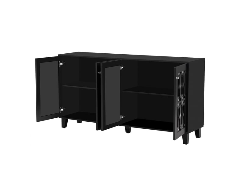  Buffet 4 portes avec façade miroir et 2 étagères réglables pour salon en mdf 160×40×84 cm noir  - Conforama D