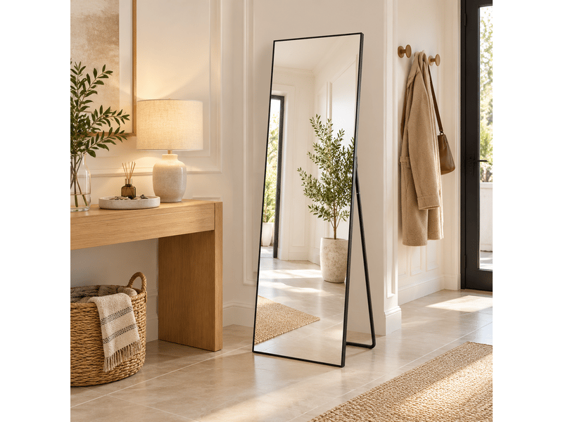 Miroir complet rectangulaire 150 × 40 cm, miroir de sol sur pied avec support, miroir décoratif pour chambre à coucher, salle de bain, entrée, couloir, noir - Conforama A