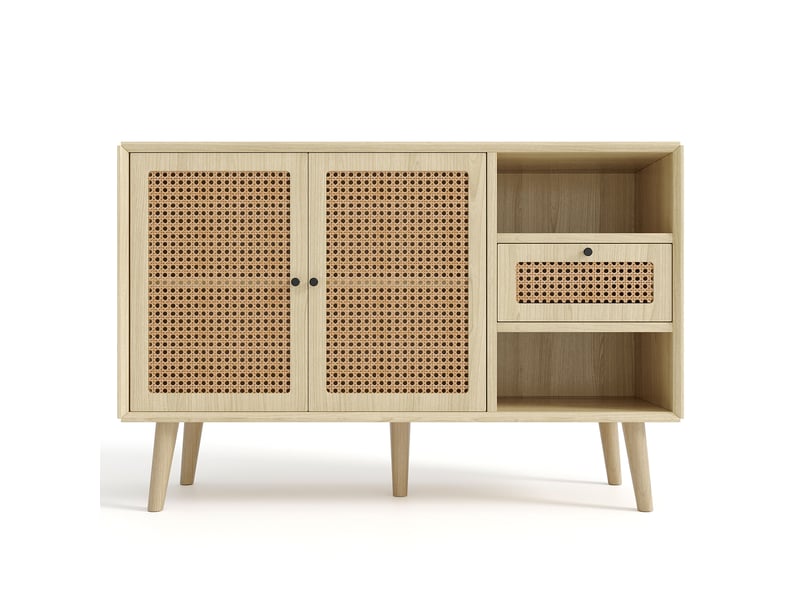 Buffet enfilade 120x40x80cm rangement gain de place | style bohème cannage en rotin | charge max 70kg montage facile - chêne clair - Conforama A