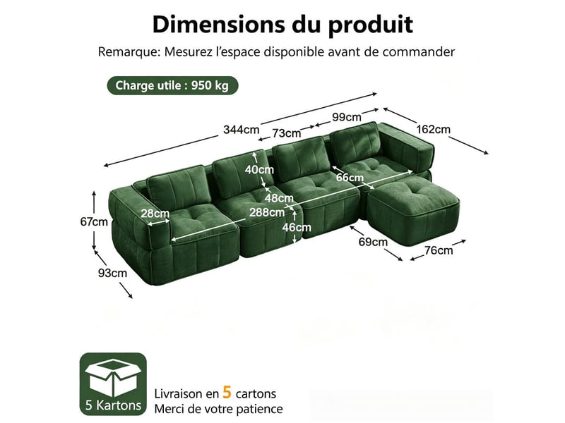  Canapé d'angle 4 places, pouf inclus, mousse 32d, assise profonde, revêtement confortable, 344×162×67 cm, vert  - Conforama C
