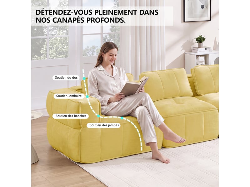  Canapé modulable 3 places en polyester,271x93x67cm,canapé à compression sans montage,mousse haute densité 32d,assise profonde,jaune  - Conforama D