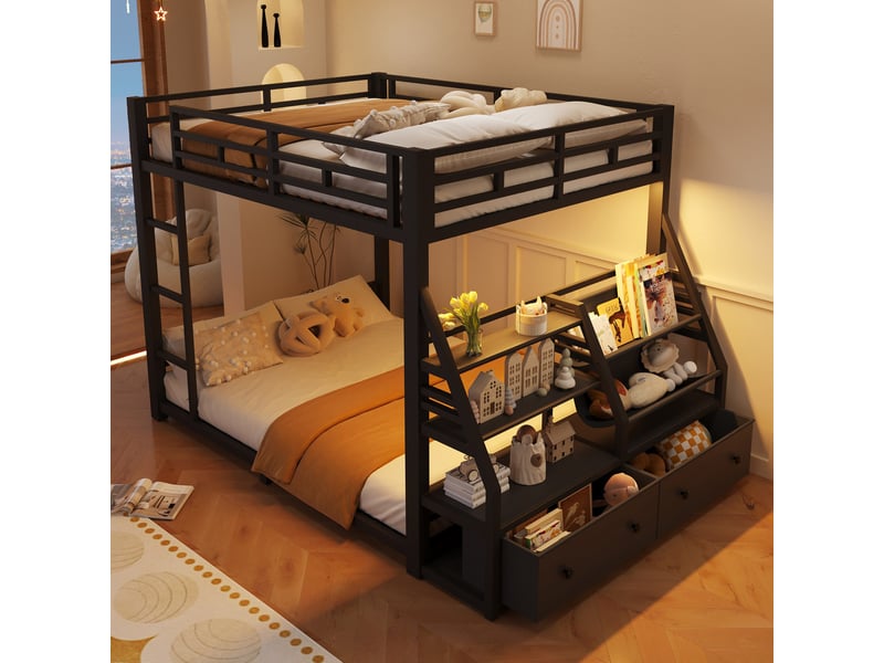  Lit superposé en métal 140x200 cm, éclairage led, 2 tiroirs en tissu, escalier, garde-corps, rangement ouvert, noir BrimViber - Conforama B