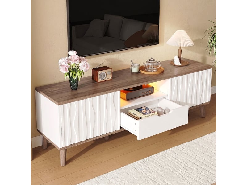  Meuble tv blanc et noyer 160 cm avec led et portes coulissantes, pour tv jusqu'à 70 pouces  - Conforama E