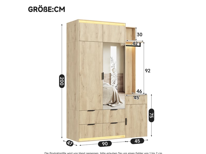  Ensemble dressing d'entrée modenvie avec miroir et éclairage led, 135 x 47 x 200 cm, 2 tringles, 5 tiroirs, mdf, chêne et anthracite  - Conforama C