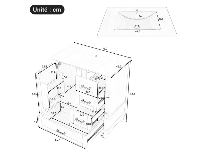 Meuble salle de bain sur pied 76 cm gris avec lavabo céramique intégré - Conforama E