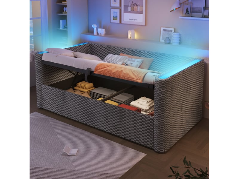  Lit enfant 90 x 200 cm avec rangement led multicolore pilotable moderne confort tissu velours gris sans matelas  - Conforama W