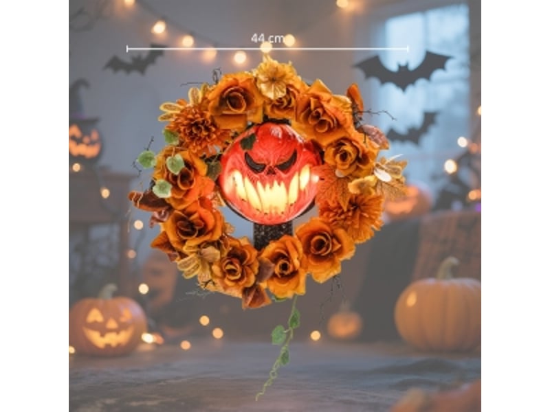  Couronne à suspendre halloween avec 44 led scintillantes, citrouille et feuillage, pour porte ou fenêtre, 44×9×44 cm  - Conforama D