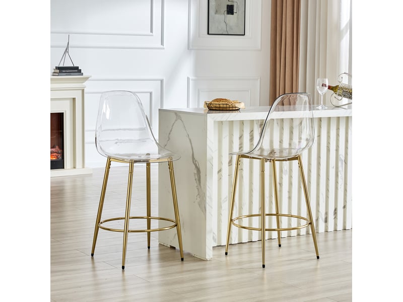 Tabourets de bar 66 cm lot de 2, dossier transparent, repose-pieds, pour cuisine, structure métal, or et transparent  - Conforama D