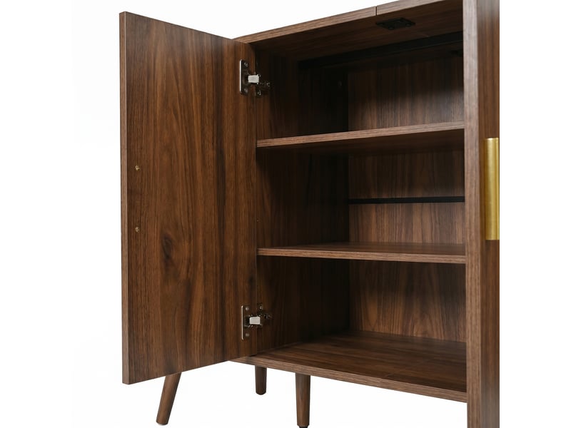 Buffet bas 150 cm en mdf décor noyer, 4 portes dont 2 coulissantes, côtés arrondis rainurés, pour salle à manger et entrée - Conforama R
