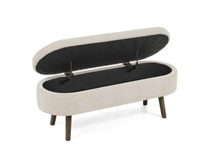 Banc de rangement beige 110 cm en tissu chenille avec coffre et pieds en bois
