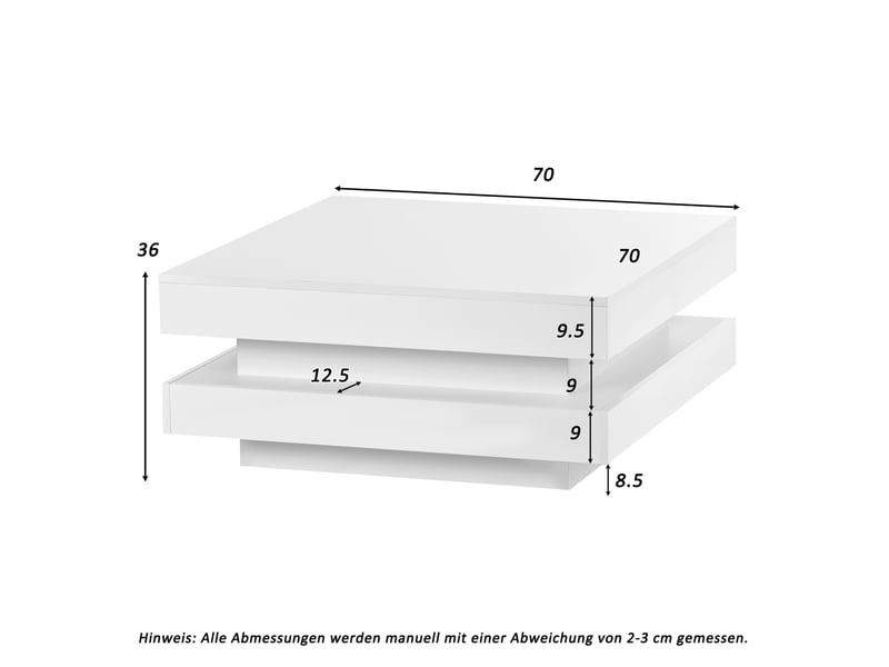  Table basse carrée avec plateau pivotant 360°, led et finition laquée blanche pour salon, 70 × 70 × 36 cm  - Conforama D